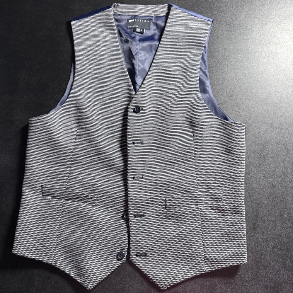 ASOS DESIGN Waistcoat Vest Mens 40 Blue White Micro-Check Formal Wedding